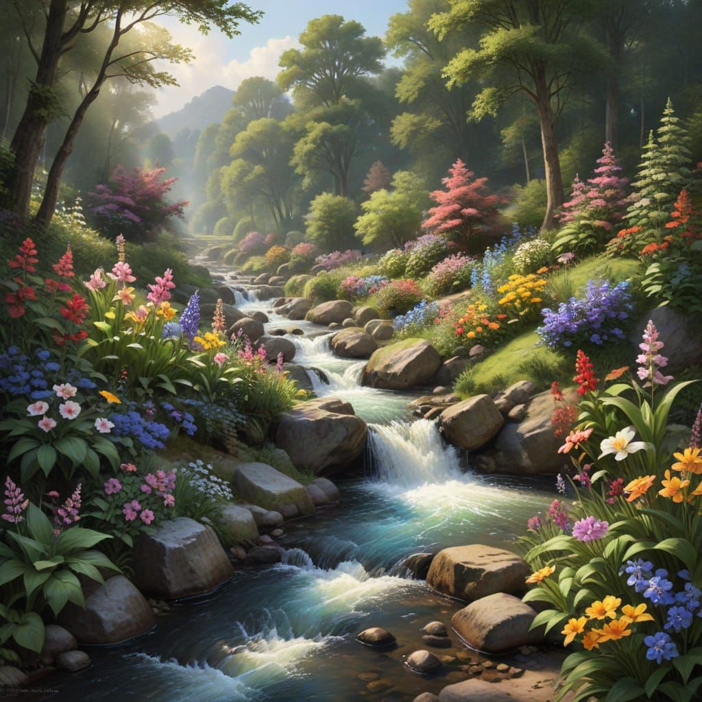 Serene Streamside Paradise in Whimsical Style