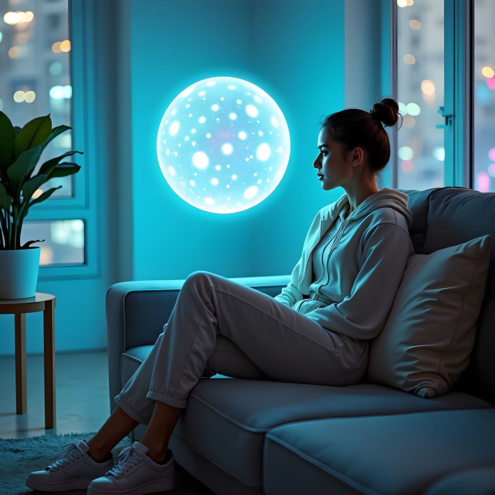 Sleek Futuristic Hypnosis Scene in Neon-Lit Minimalist Decor