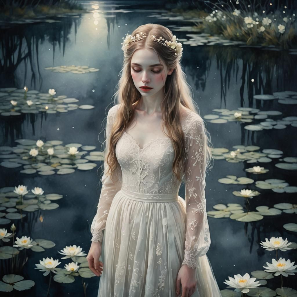 Dreamlike Nocturne: Pale Bride in Moonlit Pond