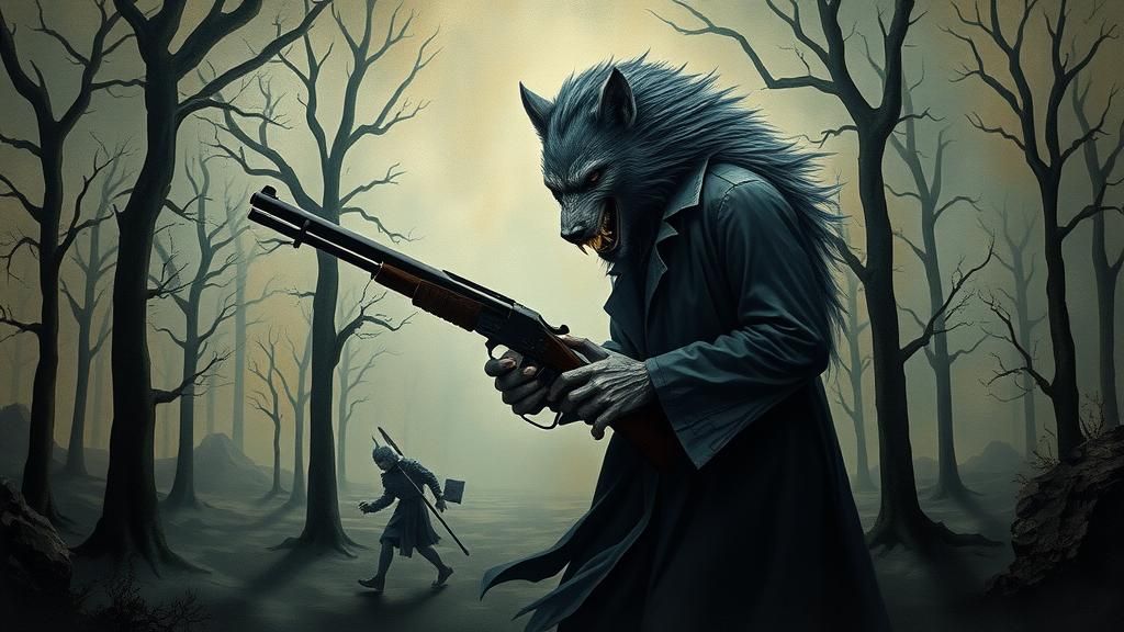 Hyperrealist Werewolf with Shotgun in Surreal Forest