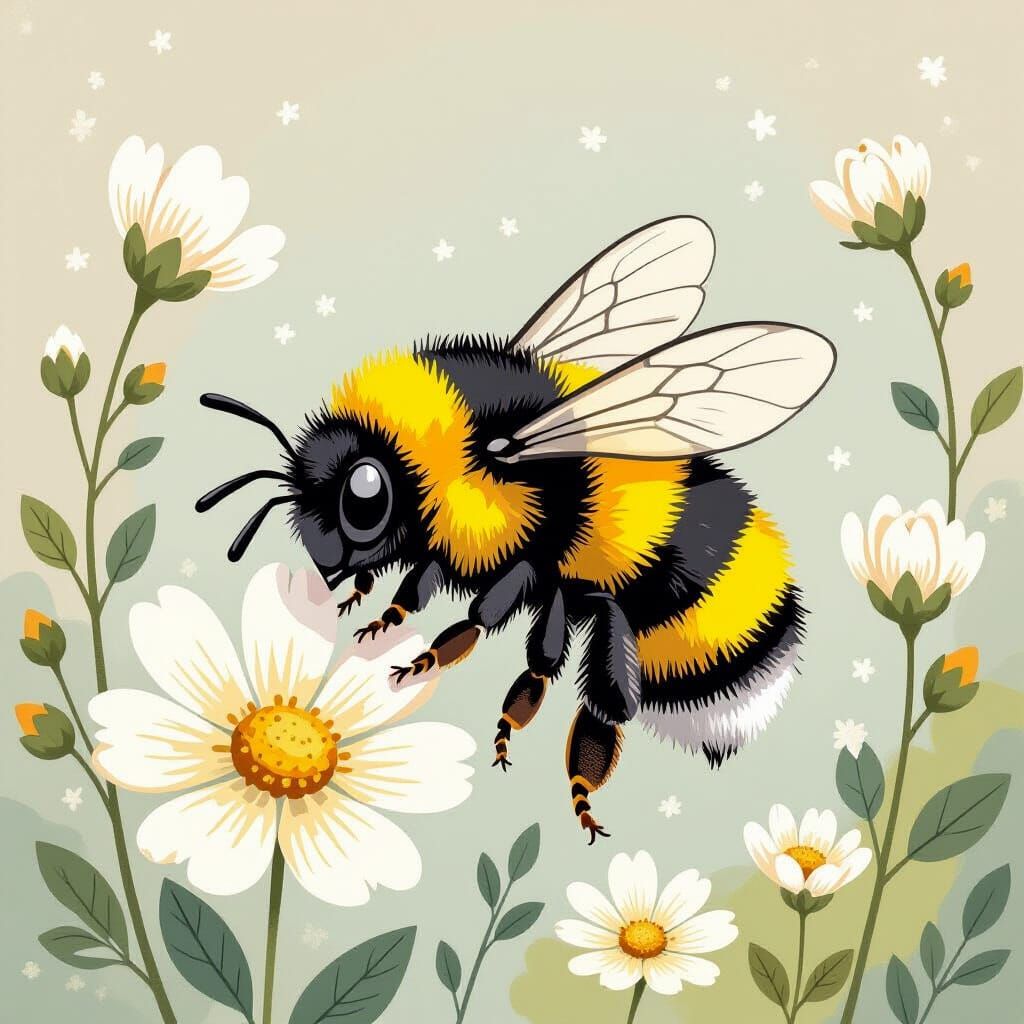 Sleepy Bumble Bee in Whimsical Hand-Drawn Style