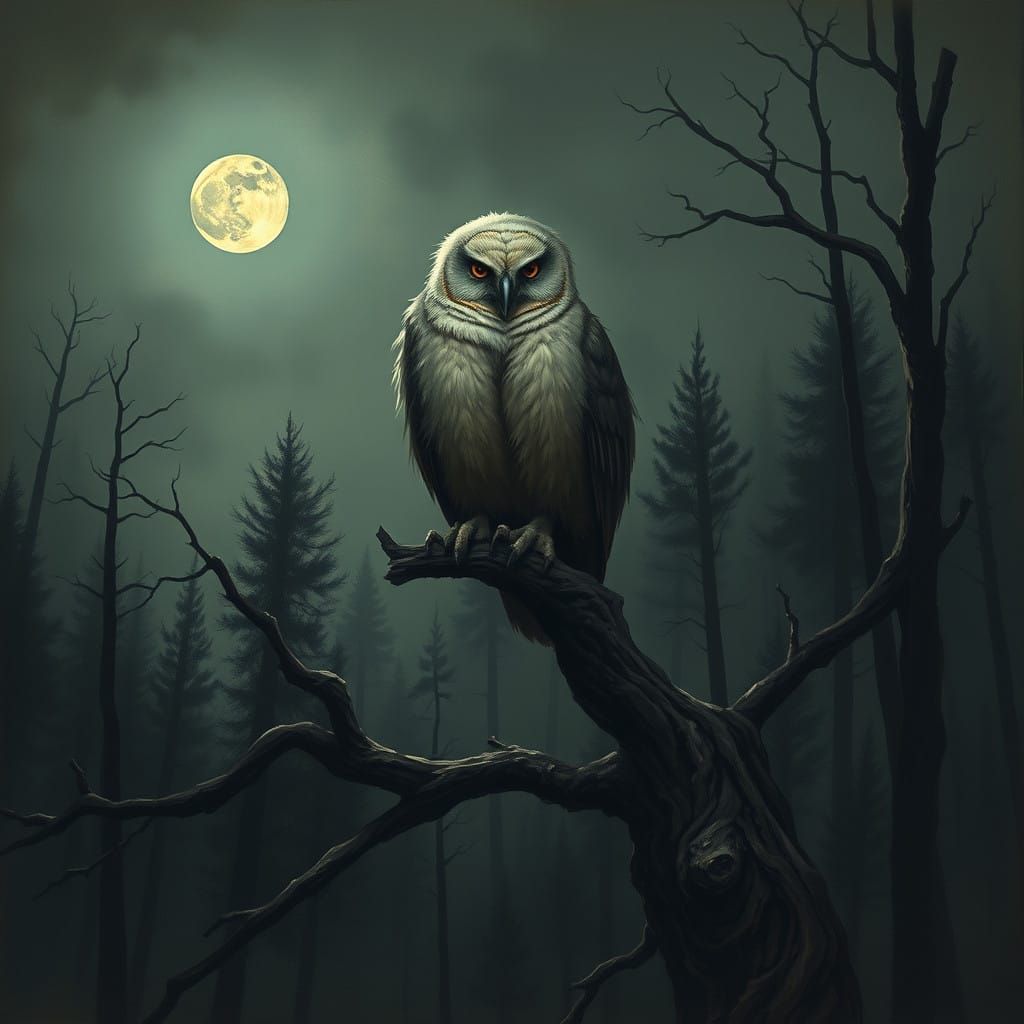 Gothic Owl Eagle Perched on Twisted Tree Branch