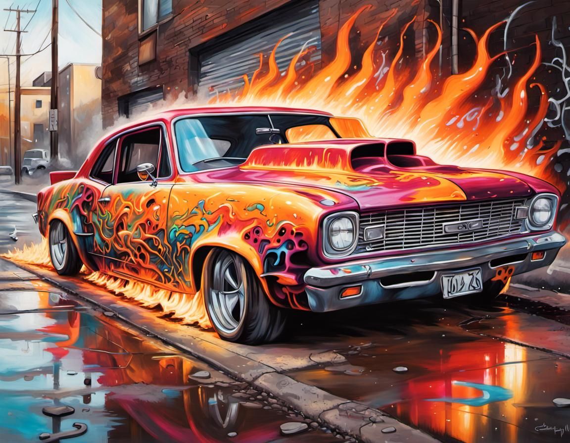 Electrified Hotrod Street Art in Splash Art Style
