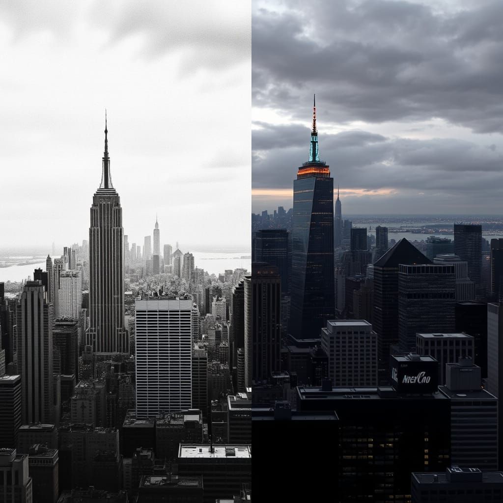 Split Screen: Monochrome 1940s vs Technicolor 2000s Cityscap...