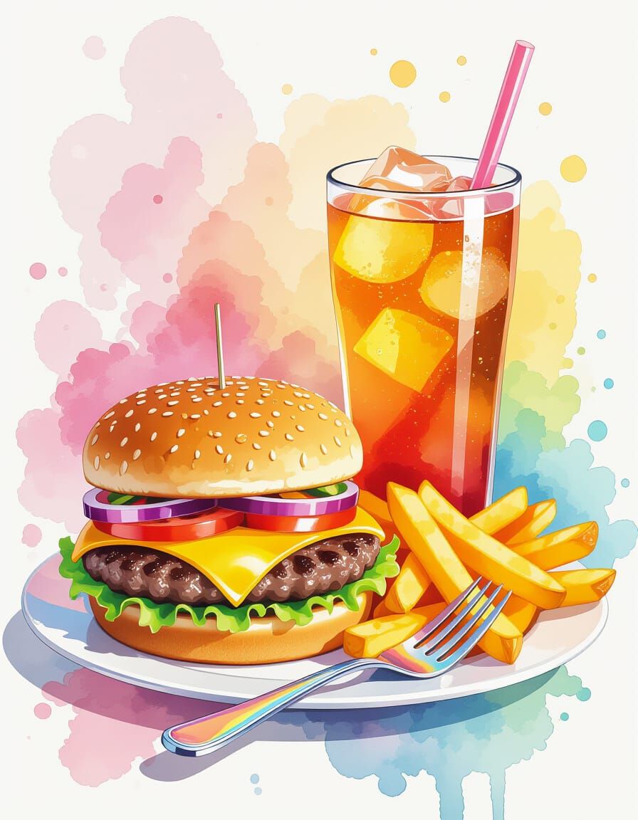 Watercolor Cheeseburger, Fries, and Soda Splash Art