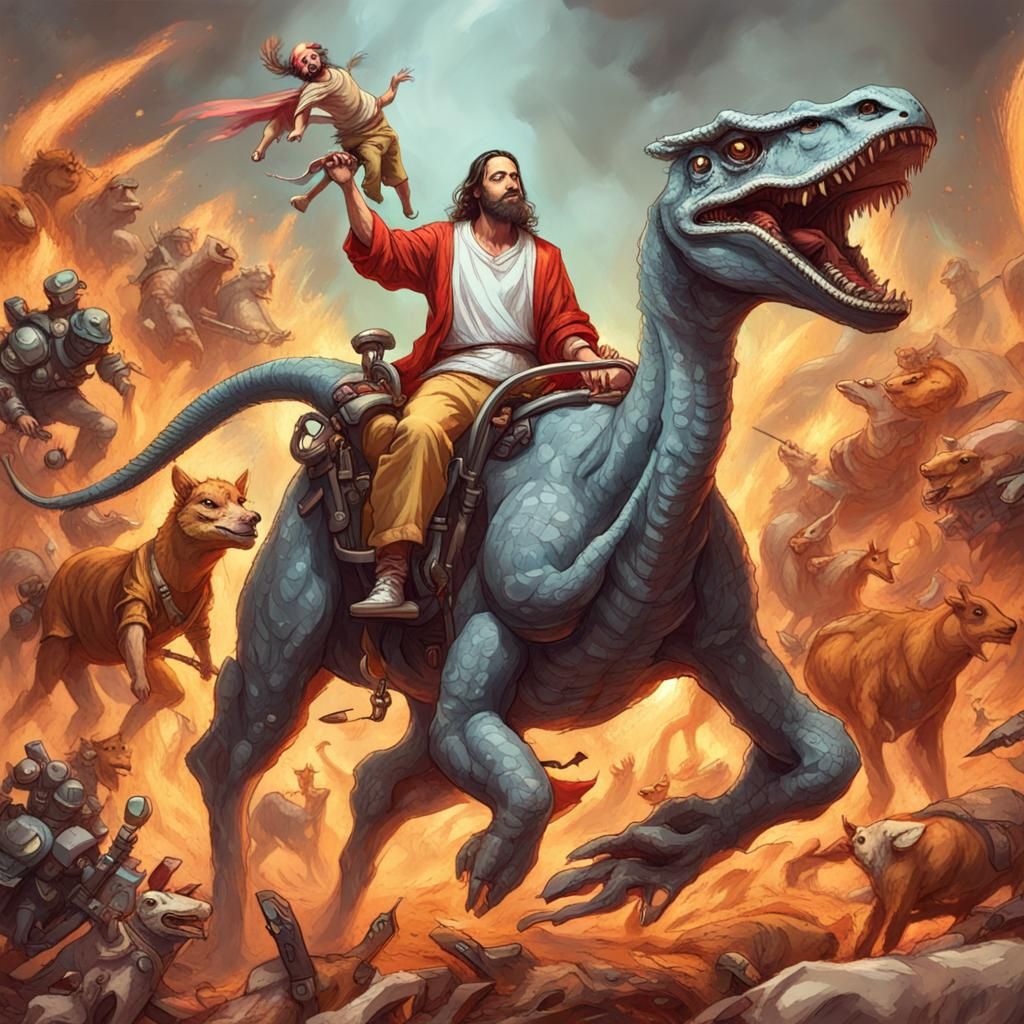 Mech Jesus Rides Velociraptor in Hell