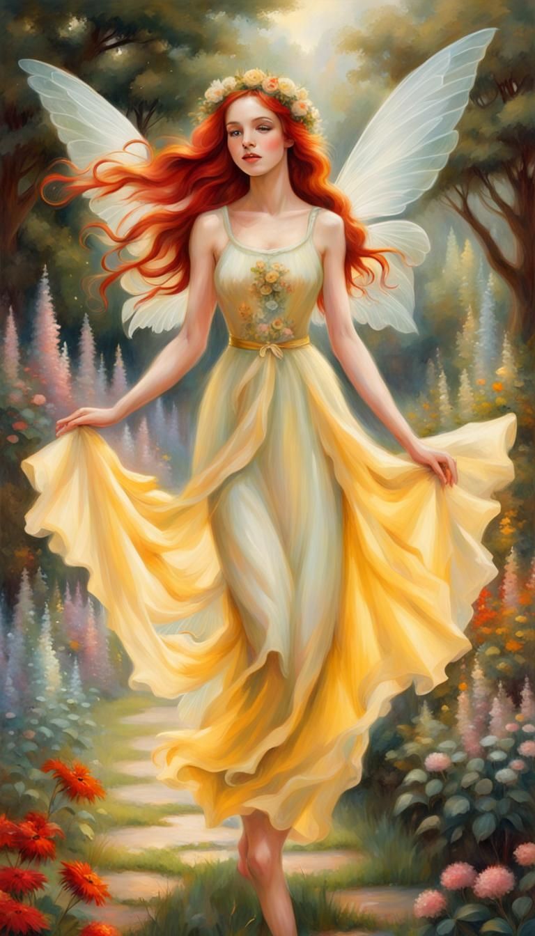 Fairy Dancing in Flower Garden, Art Deco Style