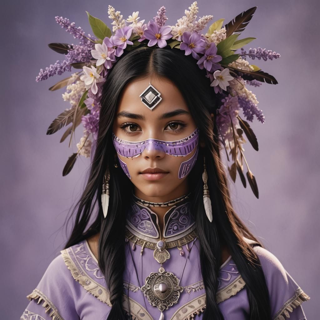 Native American Woman in Lilac Mask: Digital Portrait