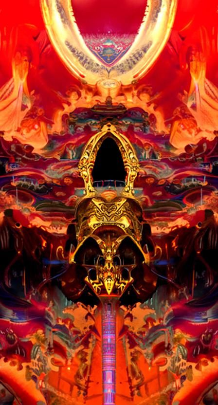 Black Blade Pierces Skull Under Fiery Sky