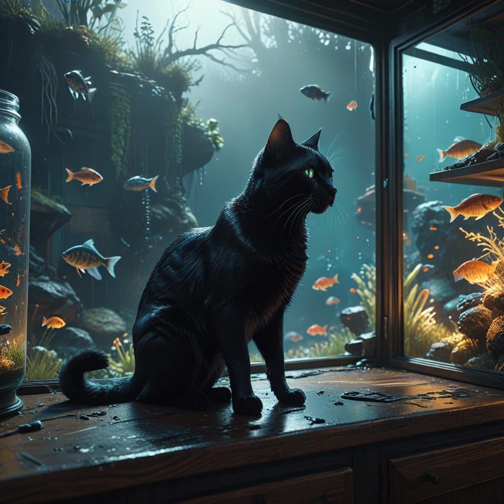 Majestic Black Cat in Dark Fantasy Setting