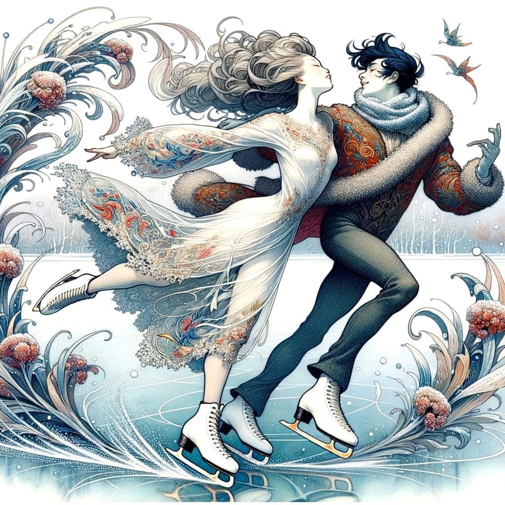 Graceful Ice Skaters Dance on Frosted Winter Lake