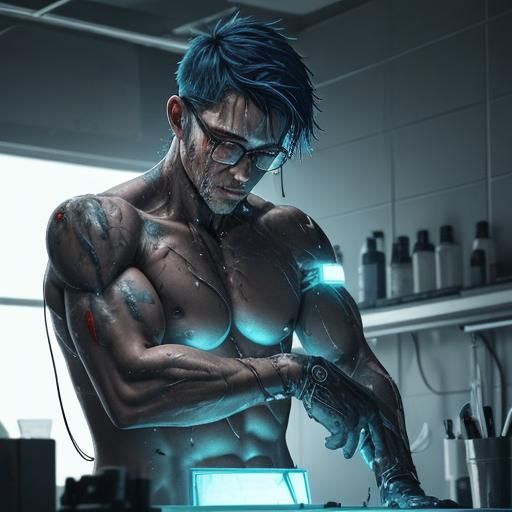 Bloodied Cyborg Self-Repair in High-Tech Lab