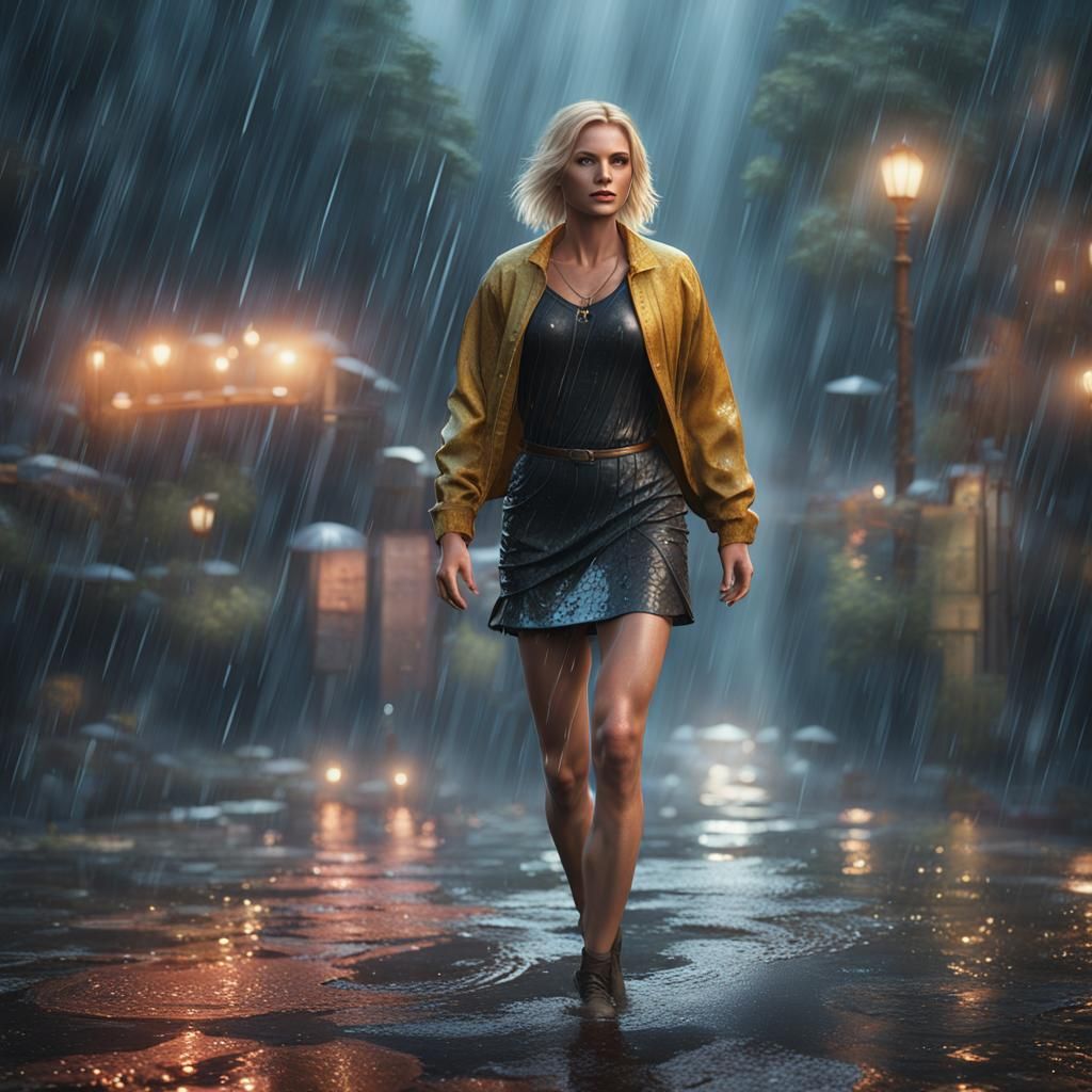Blonde Woman in Rain: Detailed Matte Painting