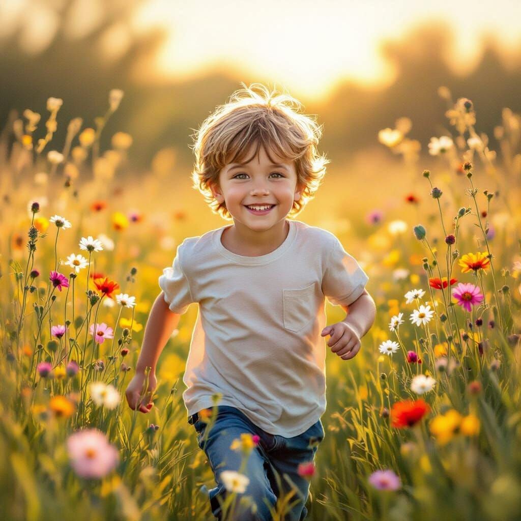 Joyful Boy in Sunlit Meadow, Impressionist Oil Painting