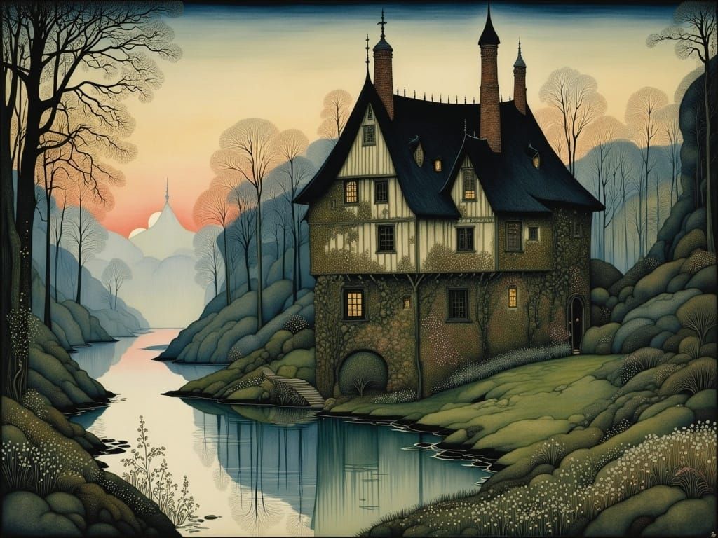 Whimsical Watermill in Golden Evening Light