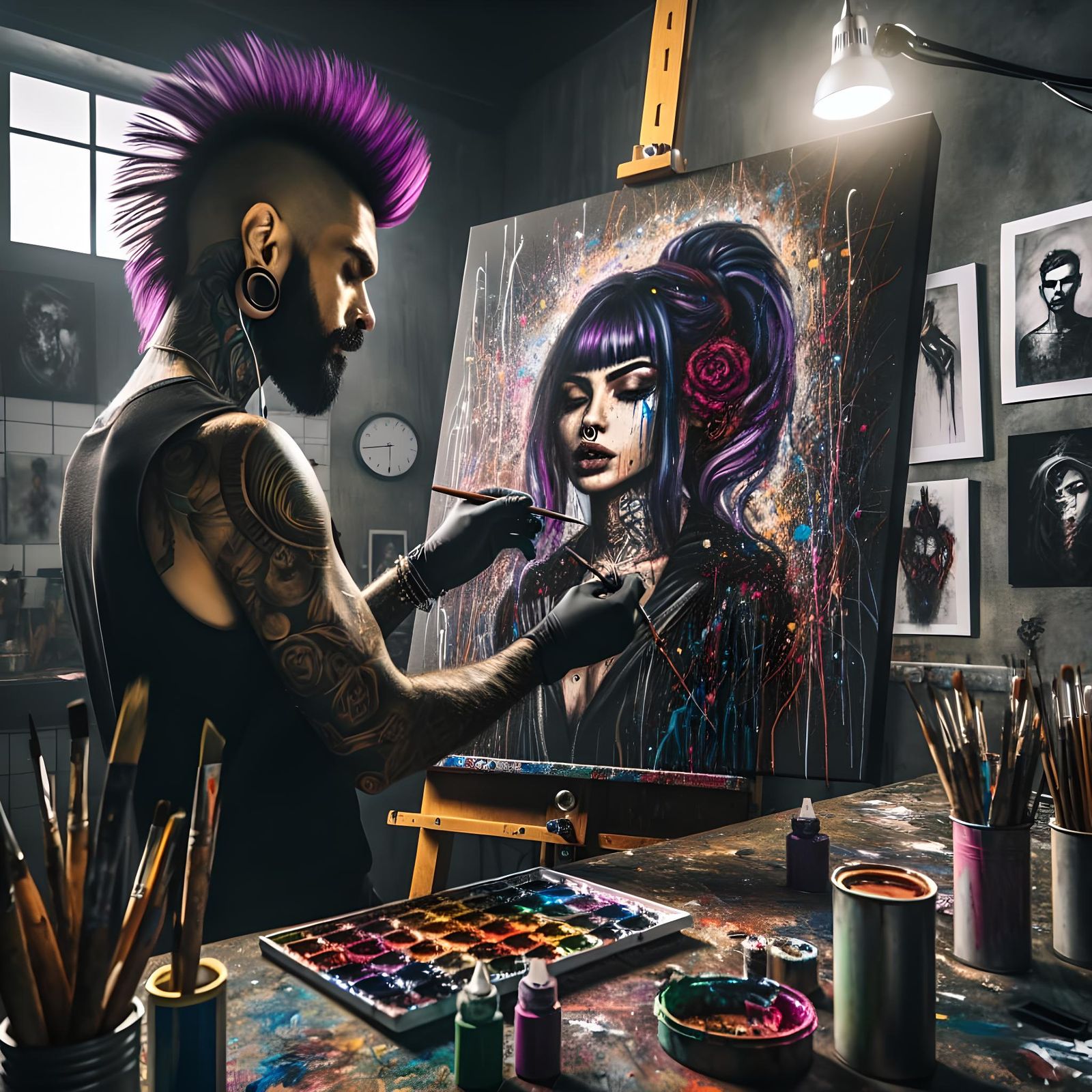 Artist Creating Splatter Art Portrait in Studio