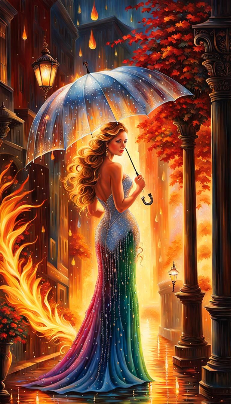 Enchanted Flame Figure with Diamond Rain Umbrella