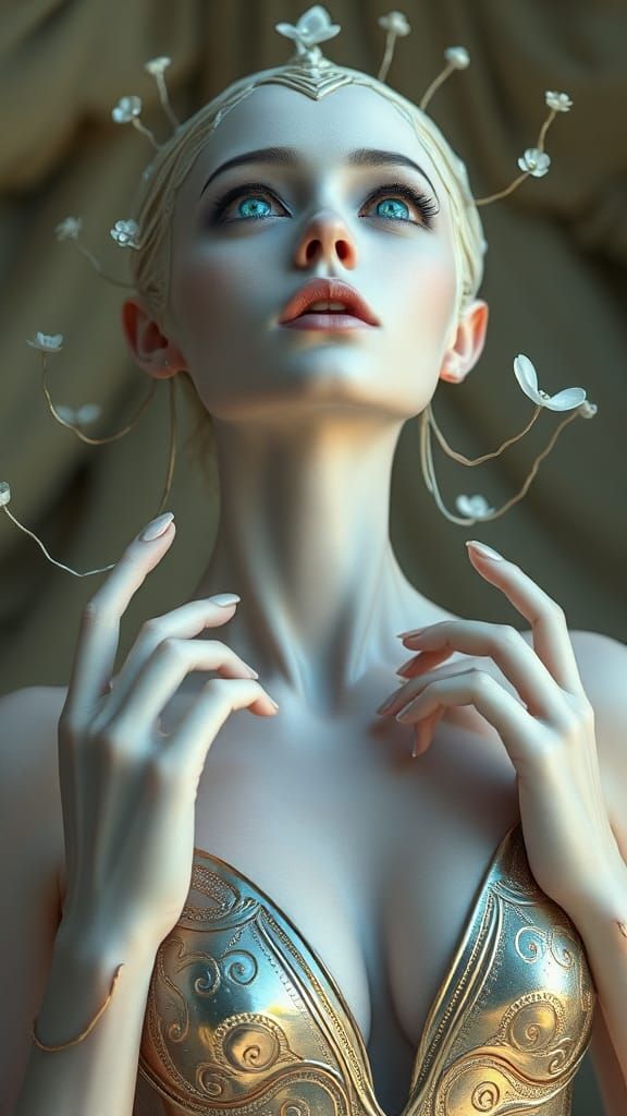 Ethereal Alien Woman with Flower Eyes, Beksiński Style