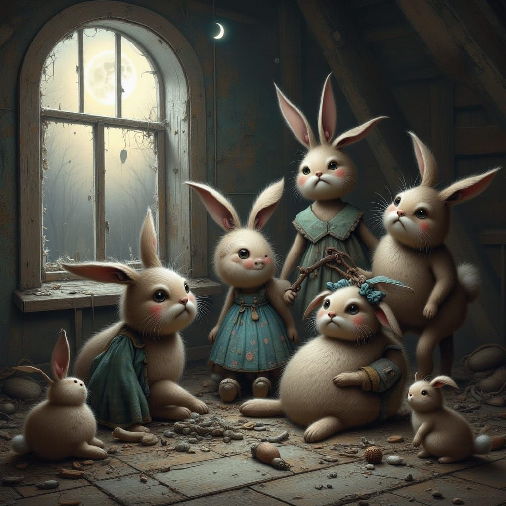 Creepy Bunnies & Doll in Attic: Gothic Surrealism