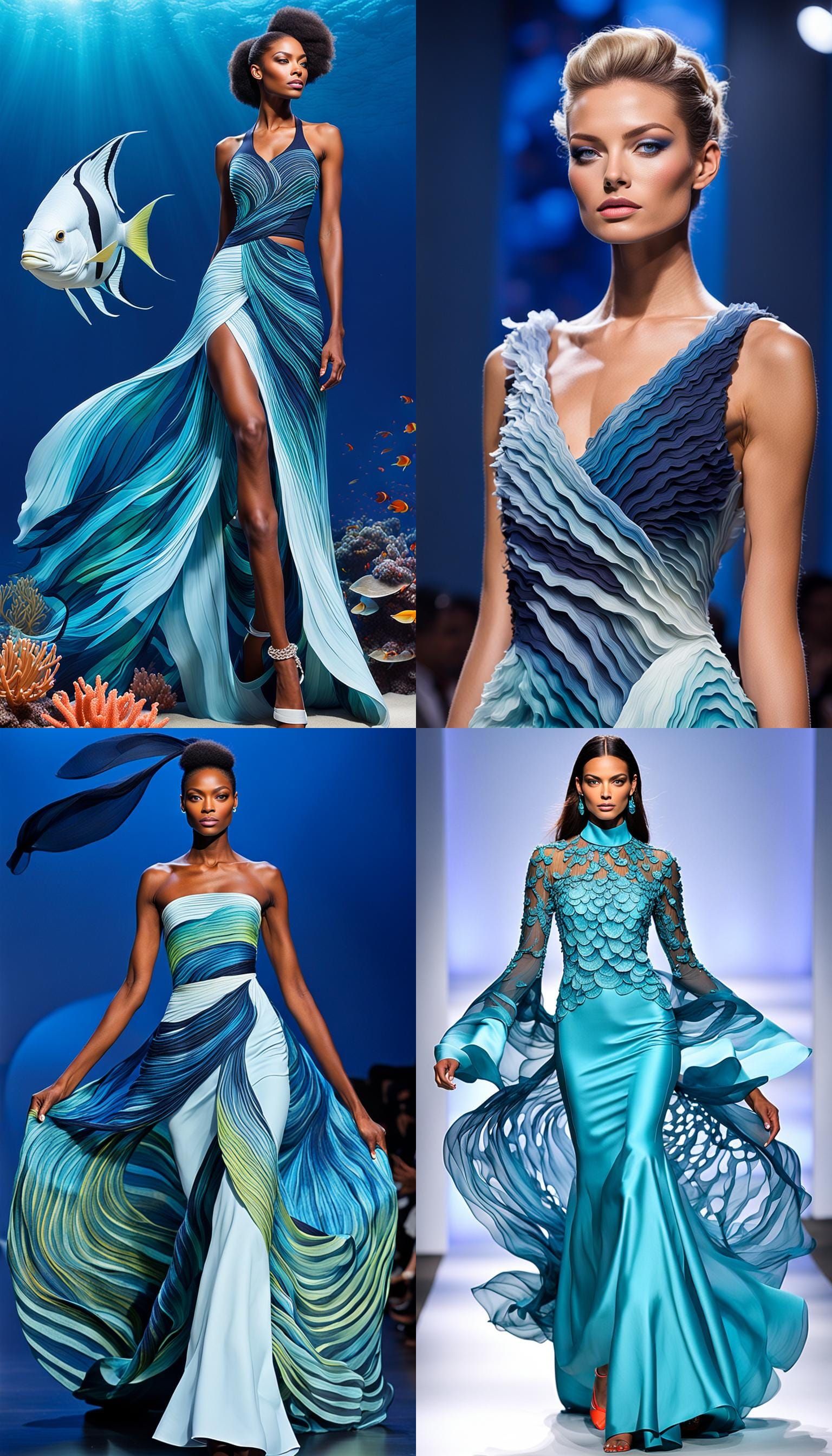 Generate a model clothing design that is inspired by the natural beauty of the ocean. The clothing should be made from s...