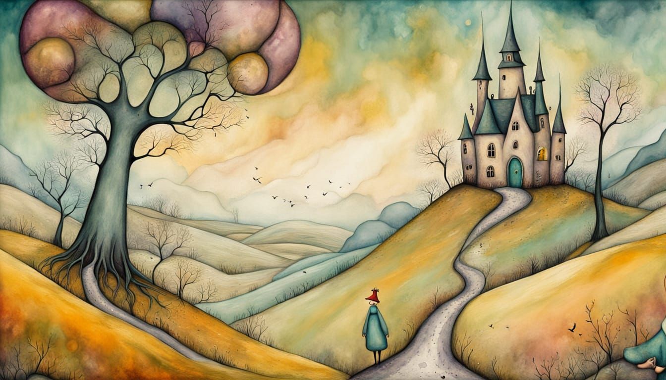 Surreal Whimsical Painting of a Playful Wanderer in Sam Toft...