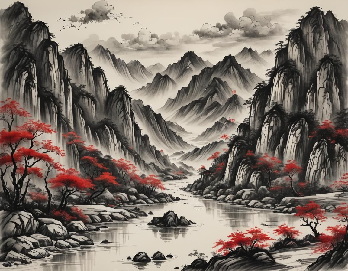 Ink Wash Painting of Mountain River Landscape