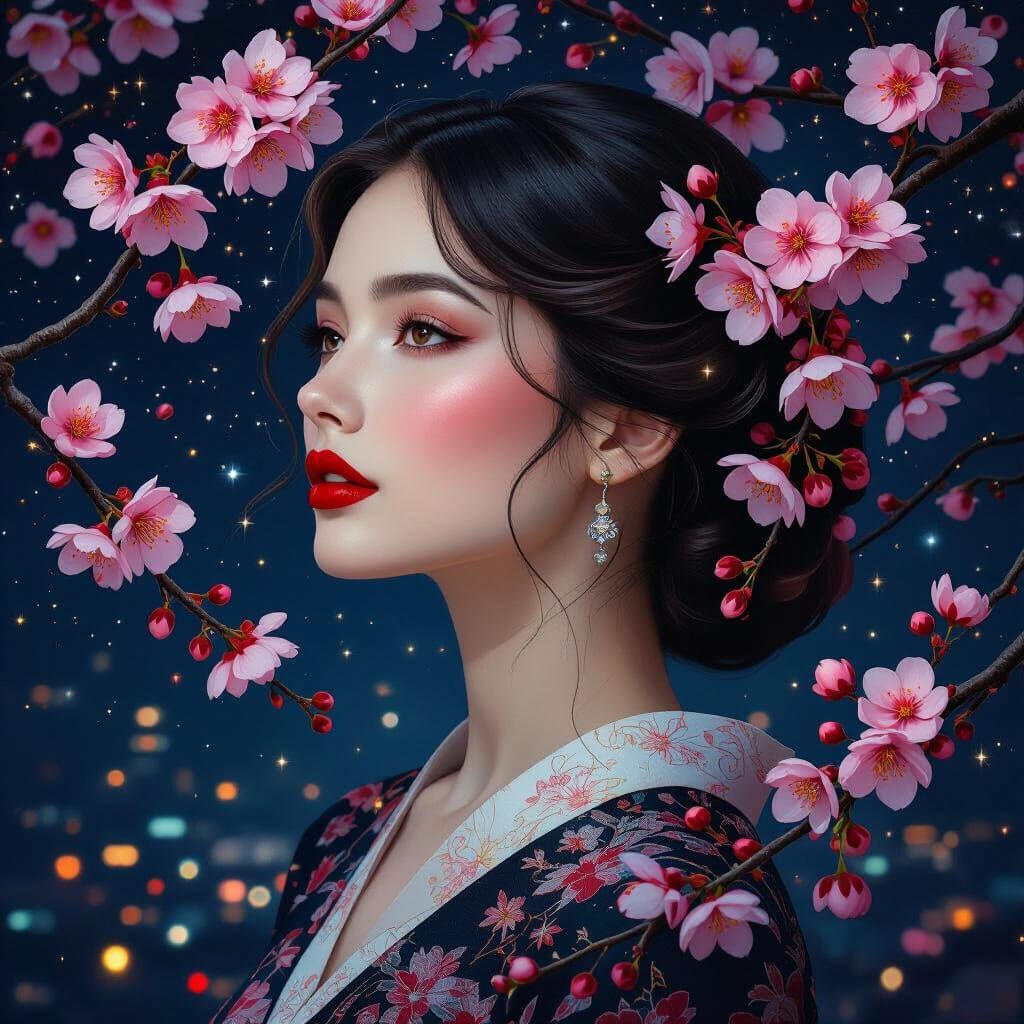 Woman with Cherry Blossoms and Starry Sky