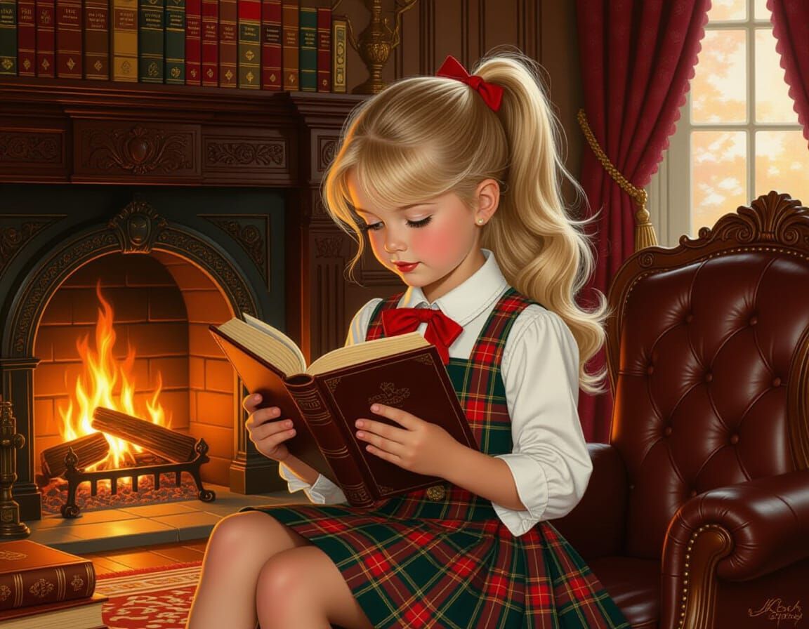 Girl Reading Book in Whimsical Study Illustration