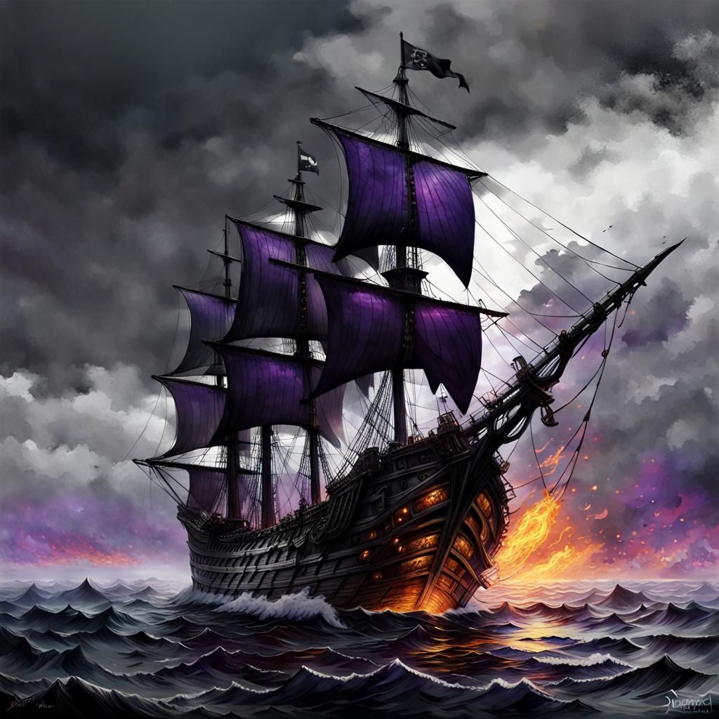 Flaming Pirate Ship on Grayscale Sea: Fantasy Art