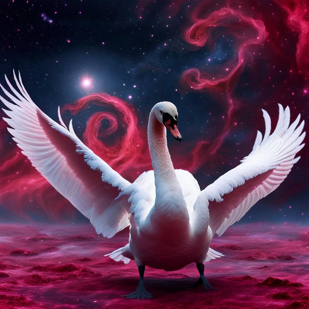 Swan's Celestial Ballet in Crimson Nebula