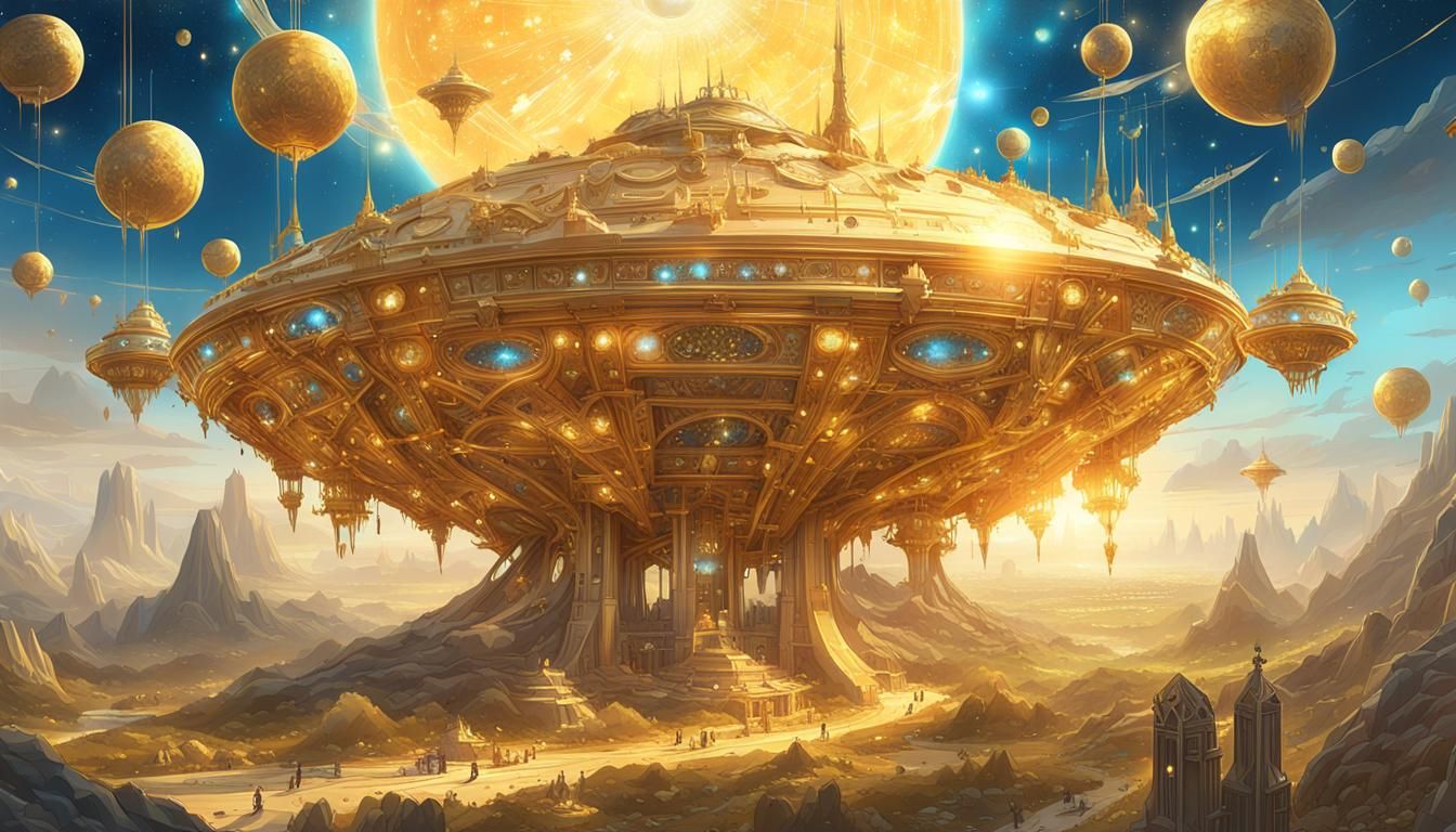 Golden Spaceships in Cosmic Landscape: Digital Art