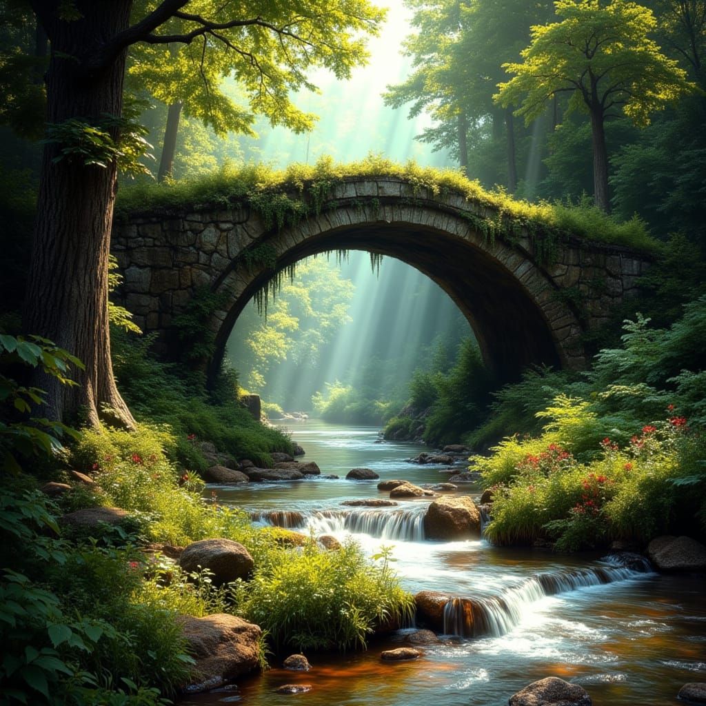 Ancient Mossy Bridge in Sunlit Forest
