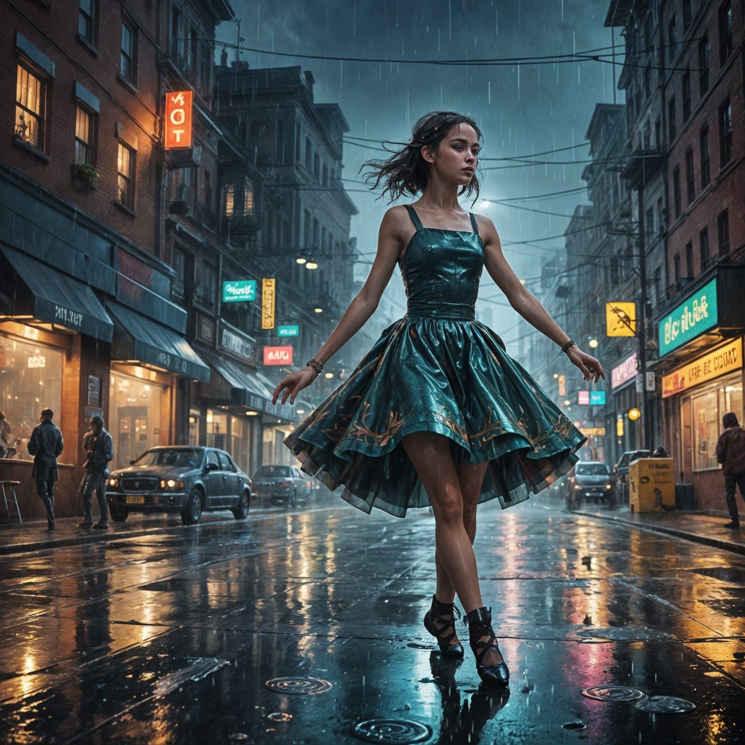 Ballerina Dancing in the Rain with Vibrant, Glittering Attir...