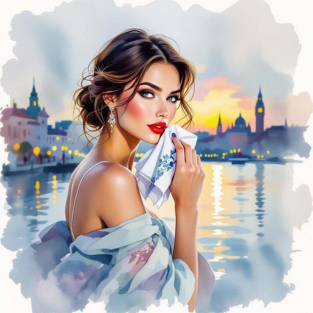 Stunning Female Model in Watercolor, David Downton Style