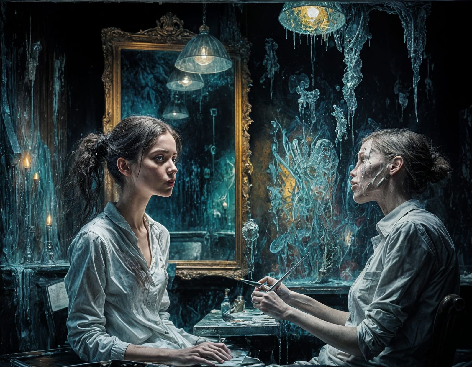 Young Woman at Dentist in Dark Impasto Style