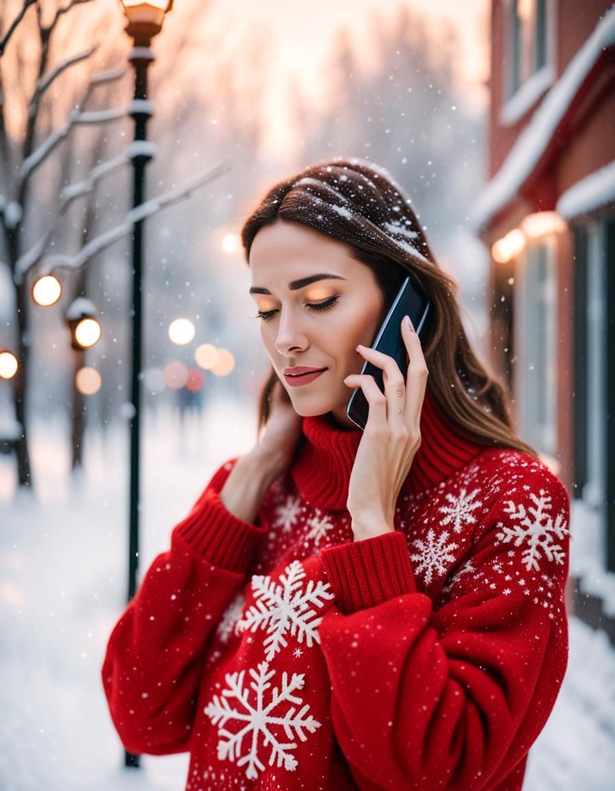 Girl in Red Sweater on Snowy Street: Soft Focus Portrait