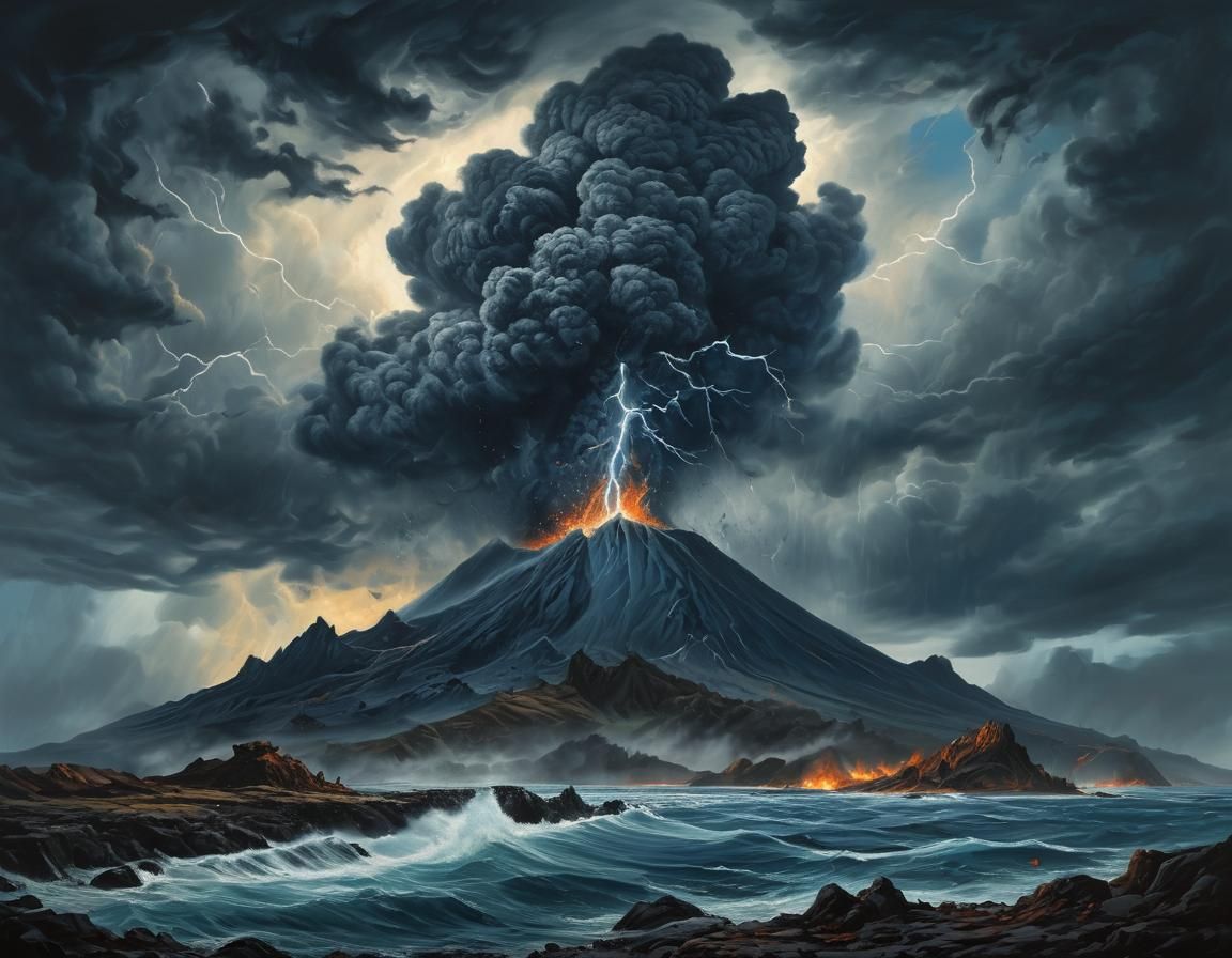 Volcanic Island Eruption in Surreal Storm, Oil Painting