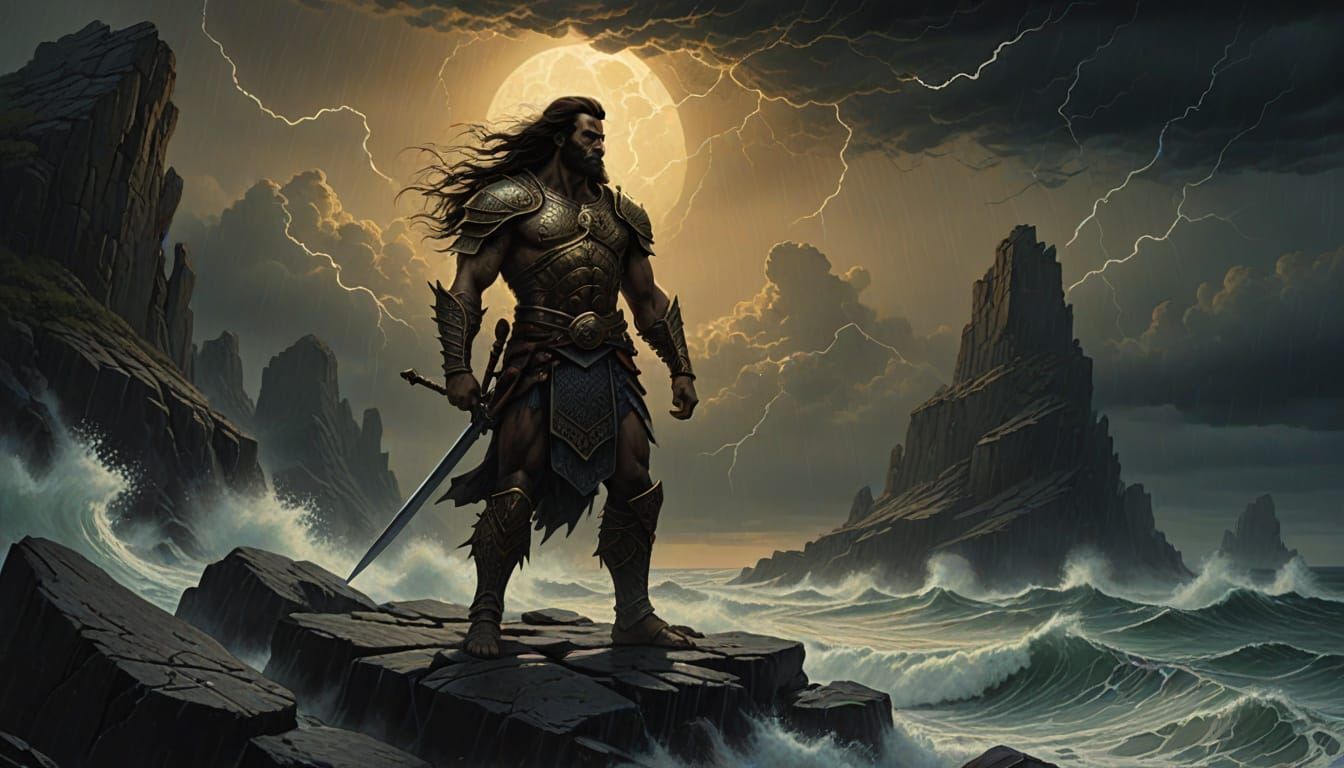 Epic Warrior Stands Tall in Stormy Seascape