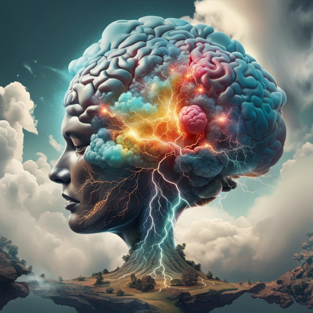 Brain-Landscape Double Exposure in Hyperrealistic 3D