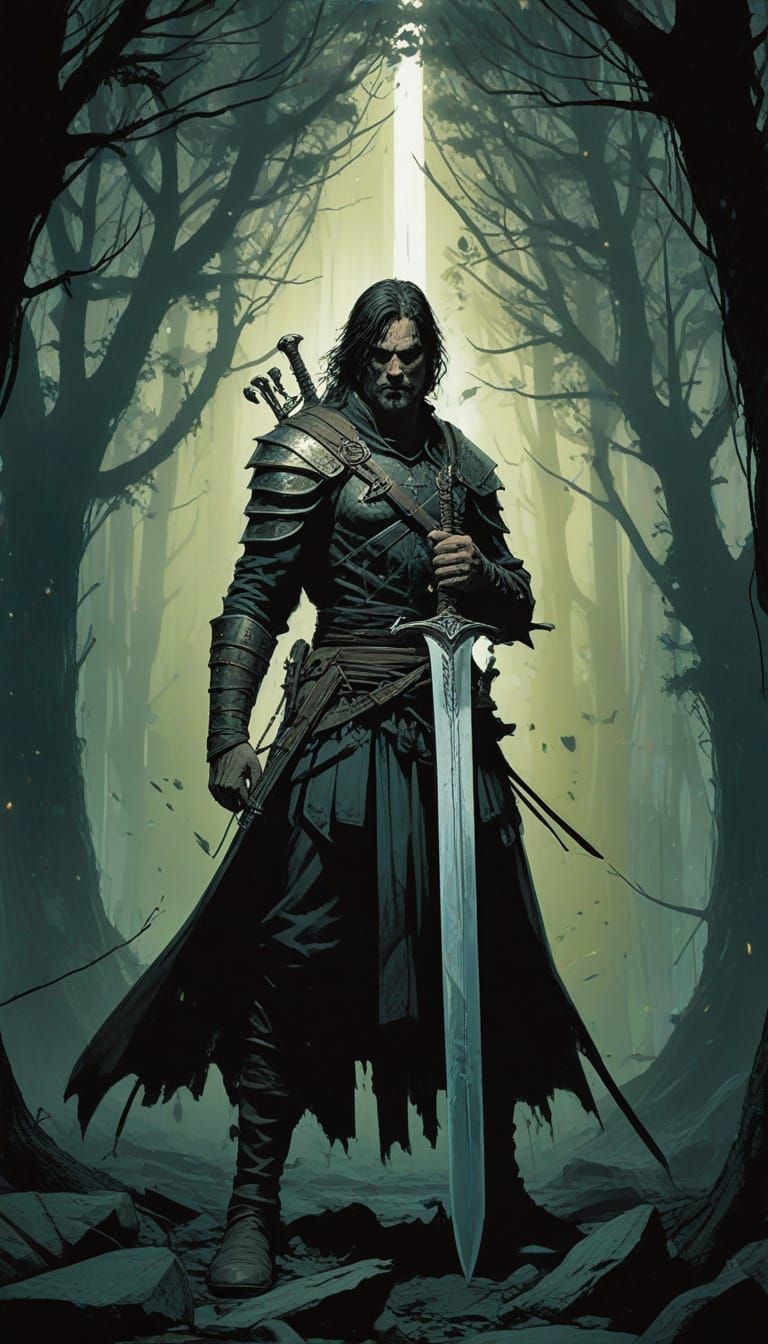 Surreal Norrøn Longsword with Glowing Runes and Mistletoe