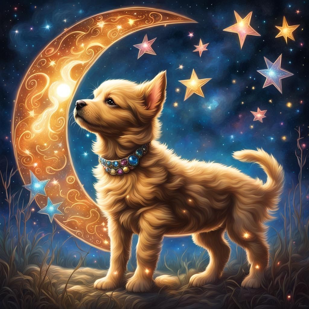 Puppy Under Jeweled Stars in Fantasy Illustration