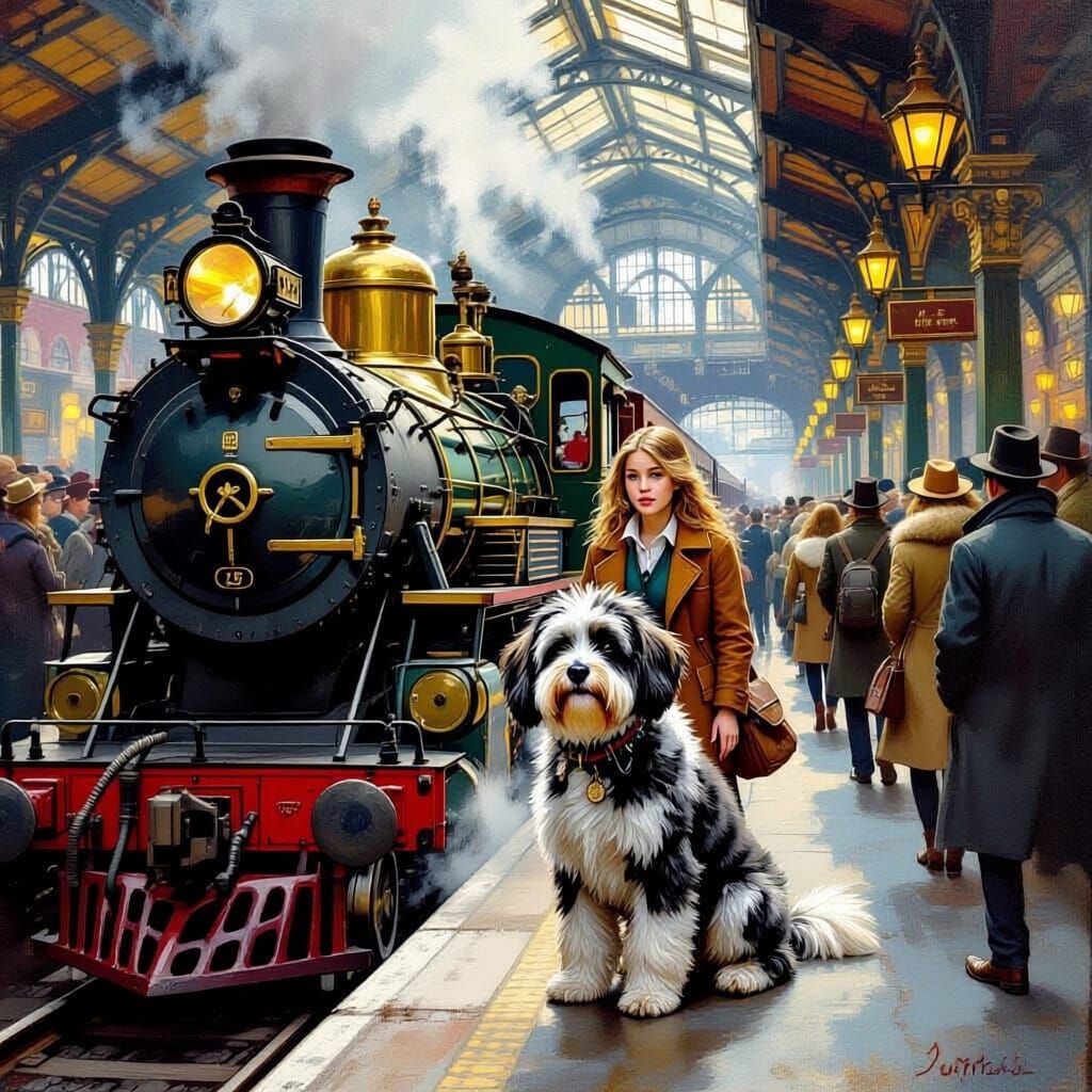 Steampunk Train Scene: Girl and Dog Boarding
