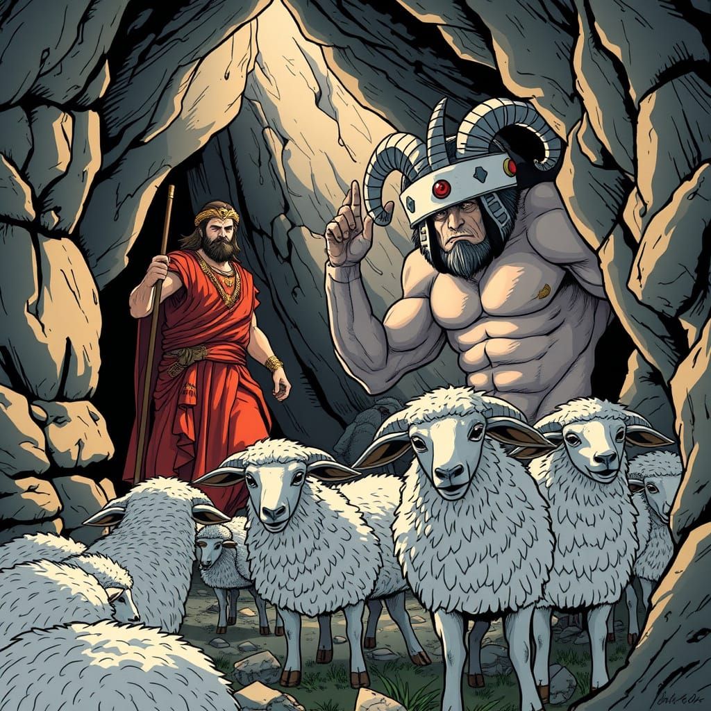 Greek Explorer and Cyclops in Manga Style