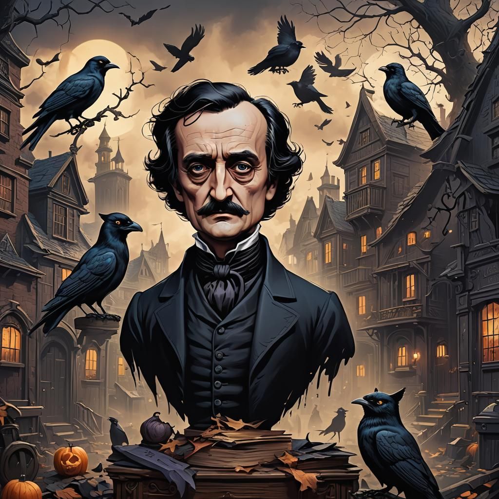 Edgar Allan Poe Caricature with Raven and Cat