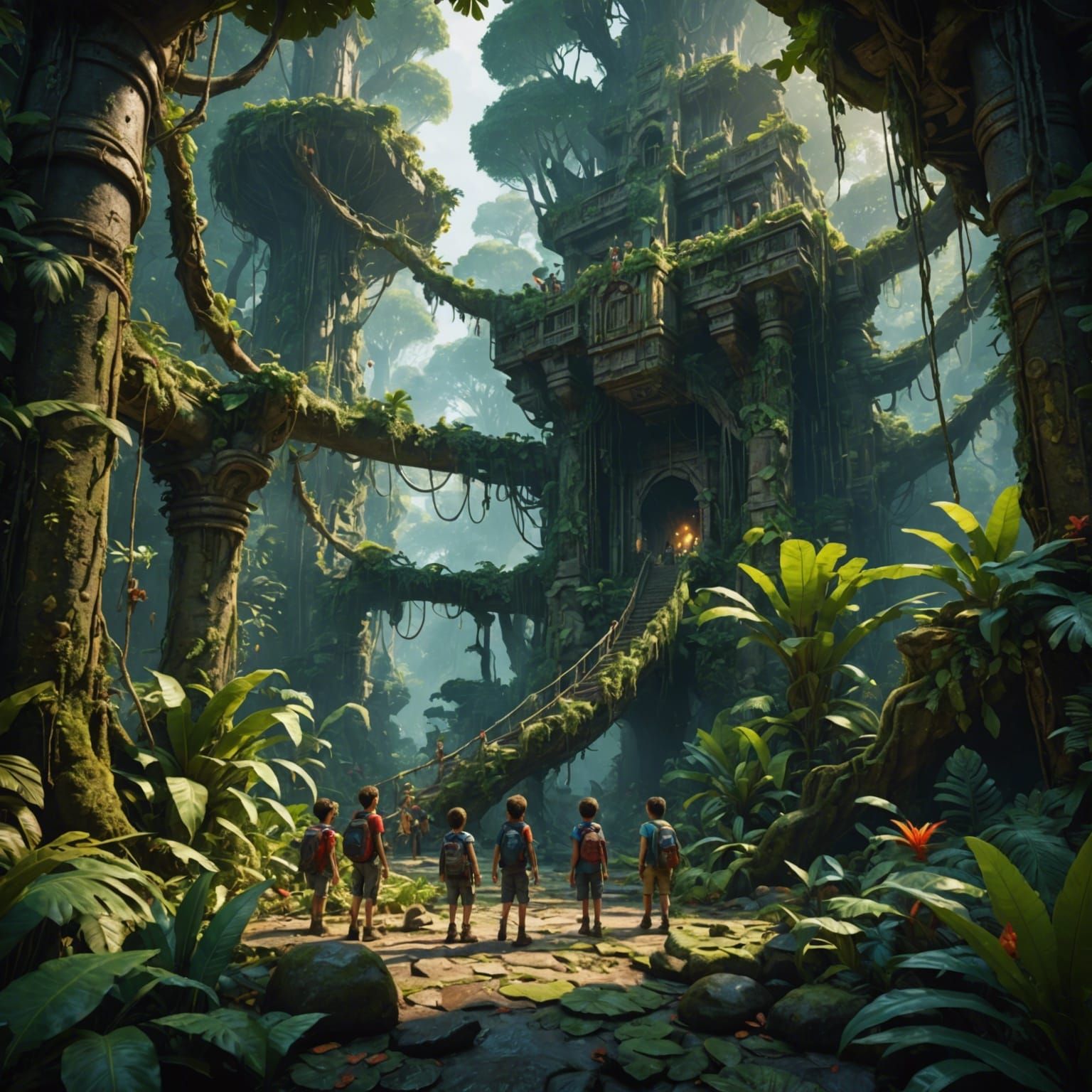 Children Exploring a Vibrant Jungle Scene