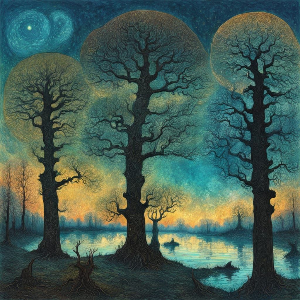 Surreal Lake Landscape with Oak Trees at Dusk