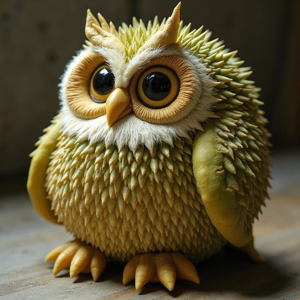 Whimsical Durian Fruit Fantasy Owl