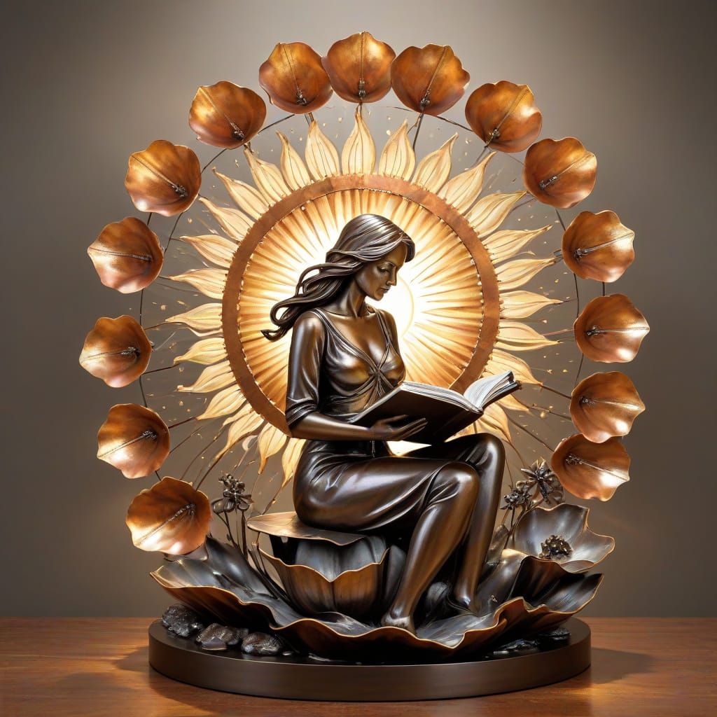 Metal Artwork: Woman Reading in Giant Flower