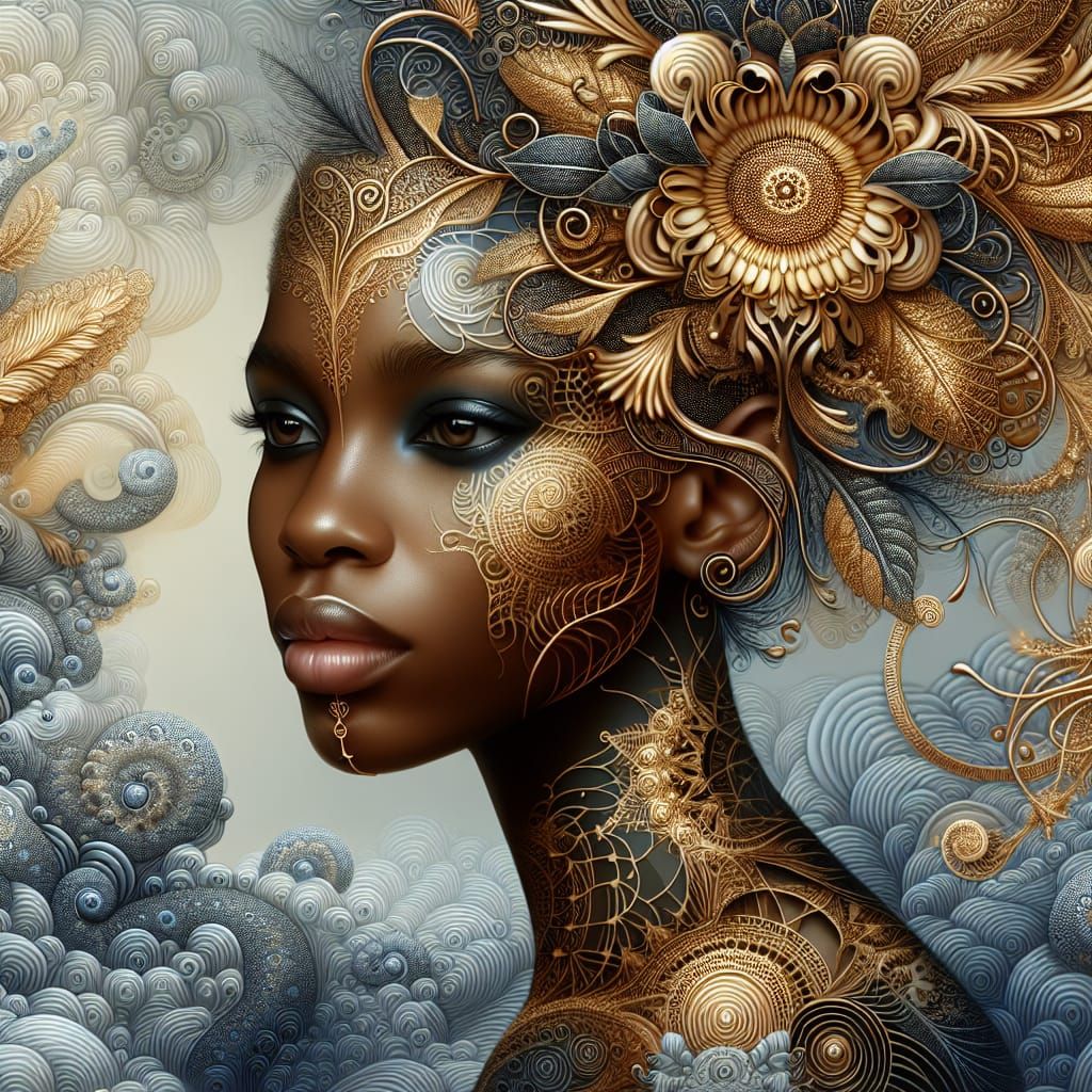 Golden Goddess in Dreamlike Landscape