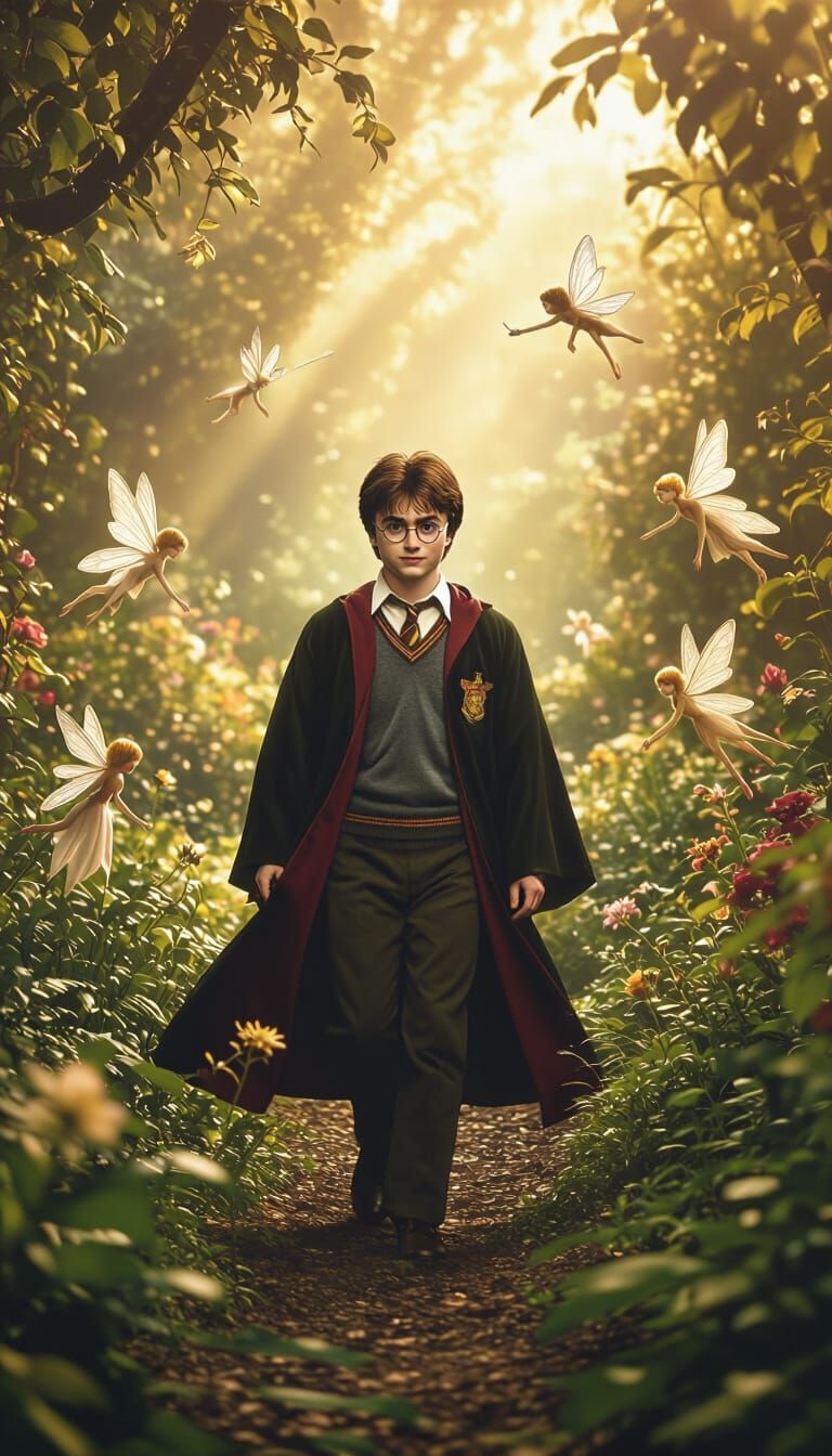 Harry Potter in Enchanted Garden with Fairies
